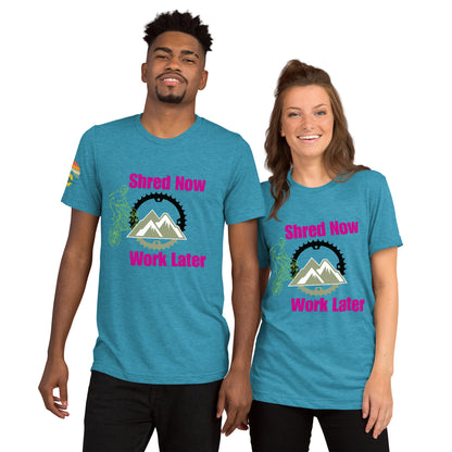 Shred Now Work Later MTB tee for outdoor adventure