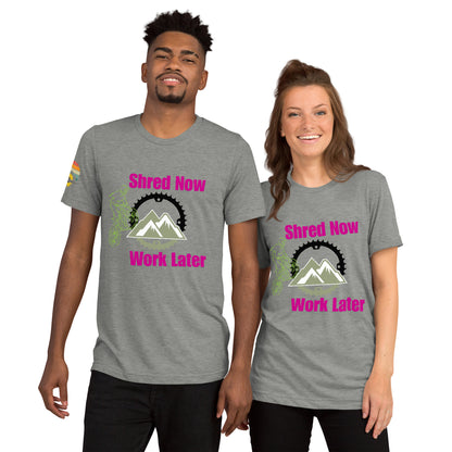 Shred Now Work Later MTB inspired tee for outdoor adventure apparel.