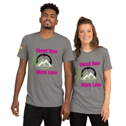 Shred Now Work Later graphic tee for outdoor adventure apparel for men and women.