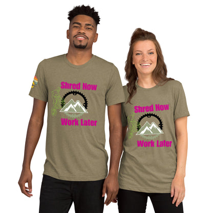 Shred Now Work Later graphic tee for outdoor adventure apparel