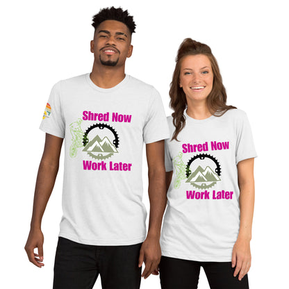 Shred Now Work Later graphic tee for outdoor adventure apparel