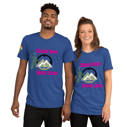Shred Now Work Later graphic tee for outdoor adventure apparel